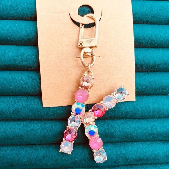 Accessories - Rhinestone Letter “K” Keychain Bag Charm – Pink & Iridescent Crystals